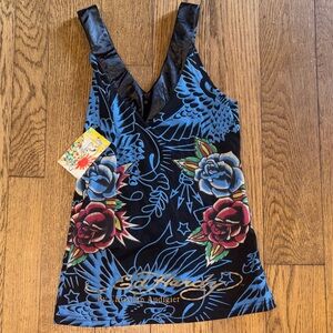 Ed Hardy Black and Blue Floral Tank